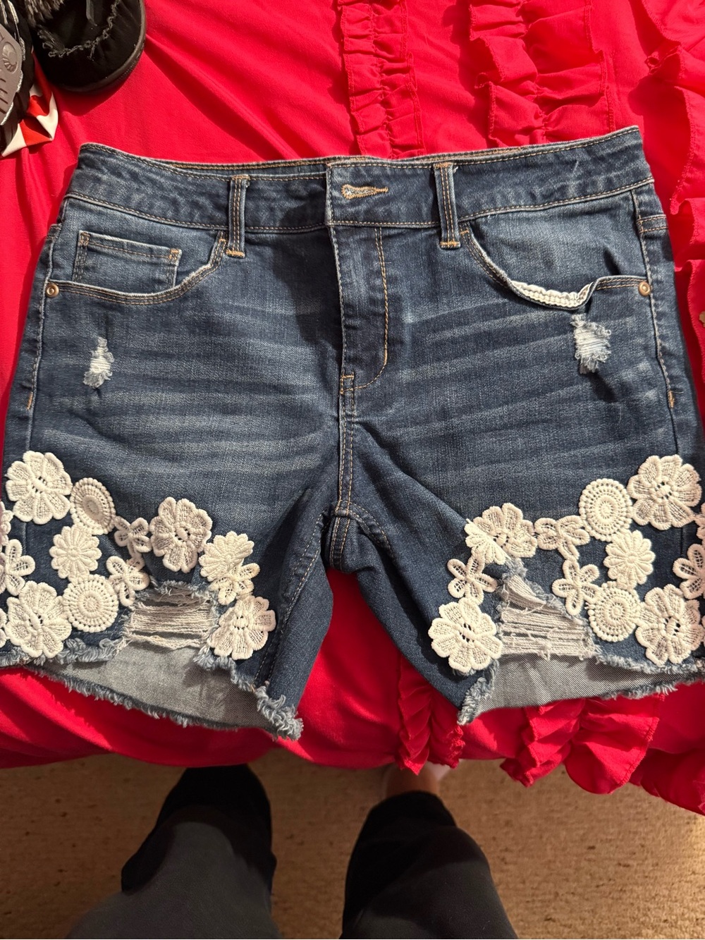 SO Blue Denim Shorts with White Floral Lace Trim